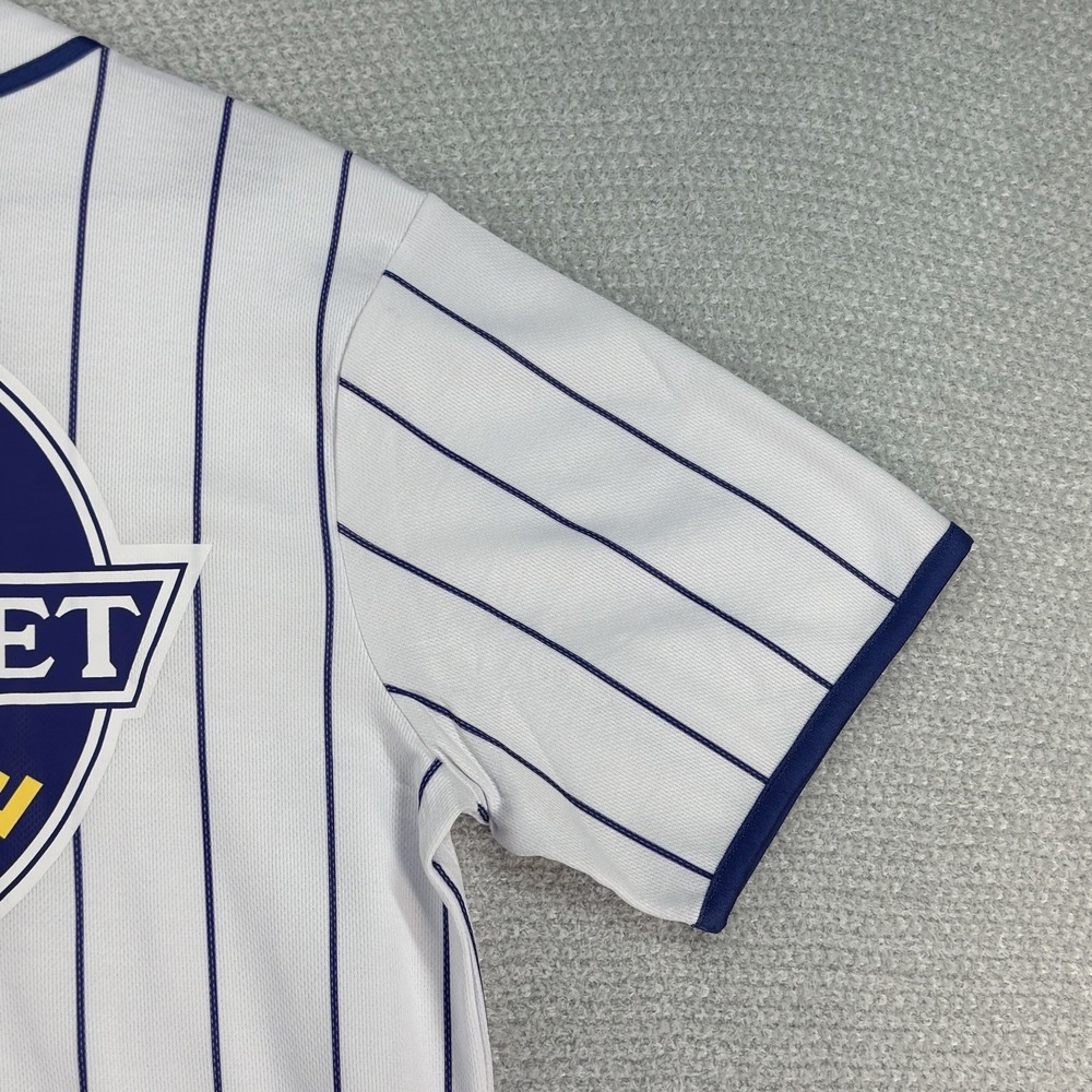 GM Chevrolet Chevy Baseball Jersey Mens Medium White Blue Pinstripe Button - Picture 9 of 15